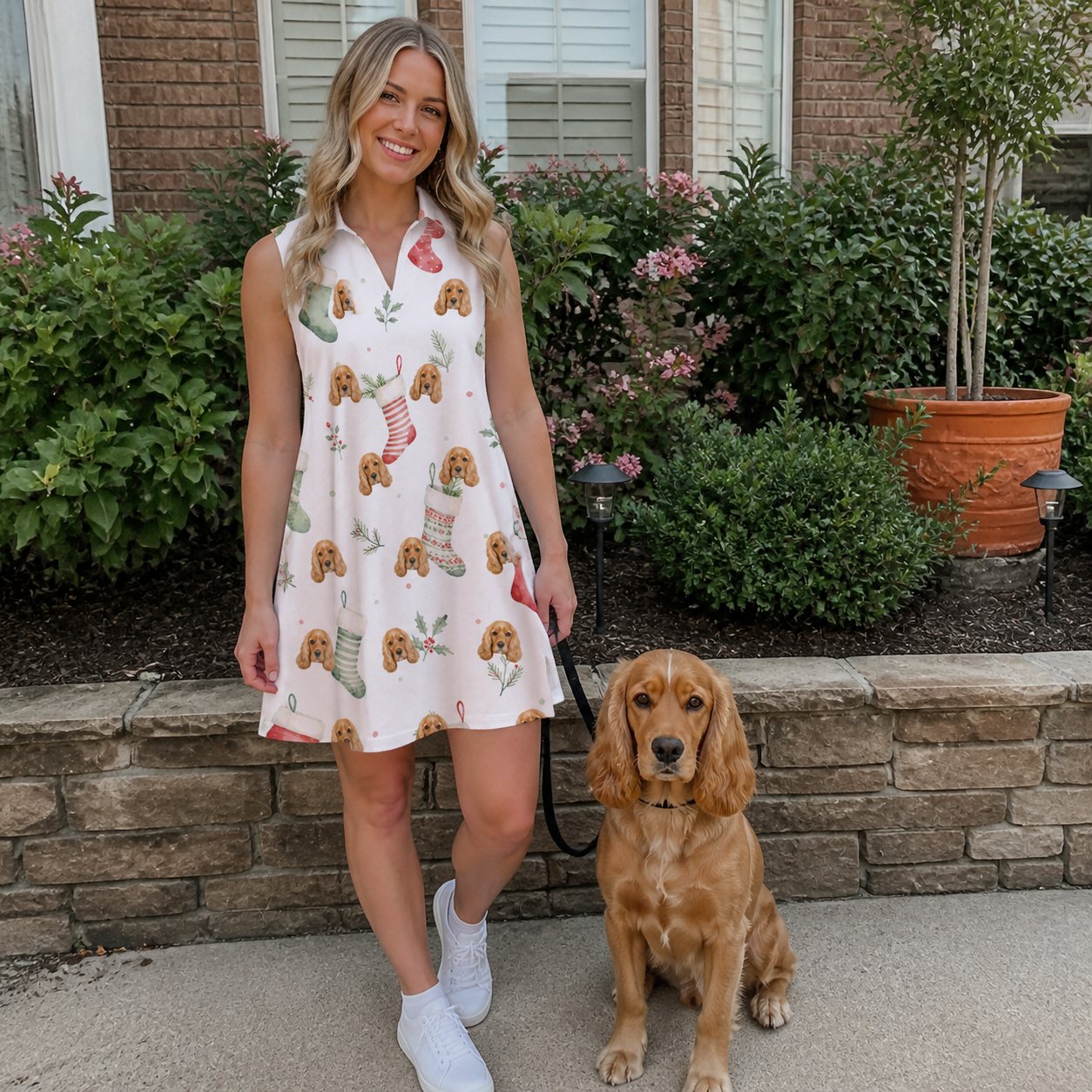 Full-length photo with the pet printed all over this Women's Hearth Hangers Custom Dog Face V-Neck Dress