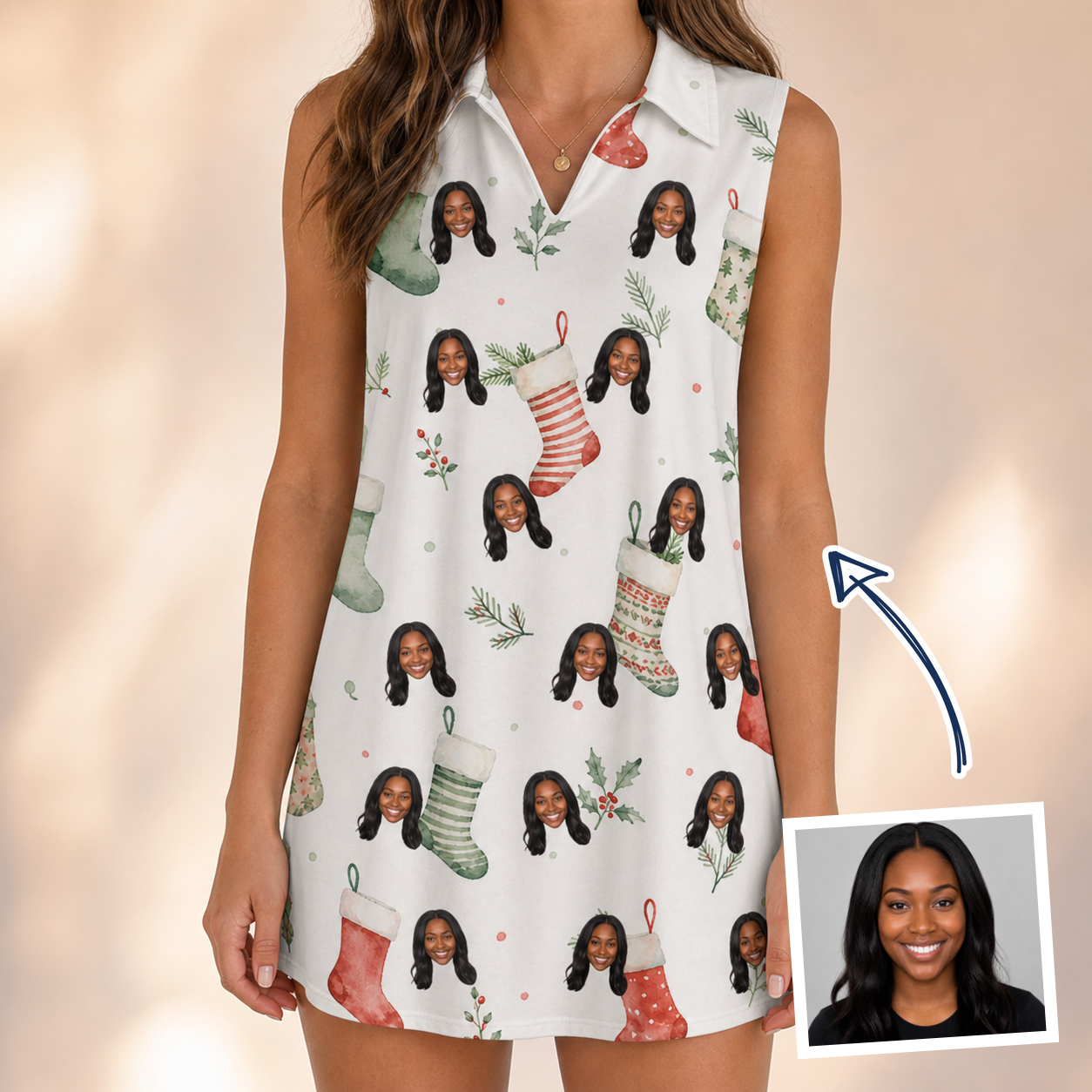 Woman wearing Women's Hearth Hangers Custom Face V-Neck Dress — custom faces printed all-over