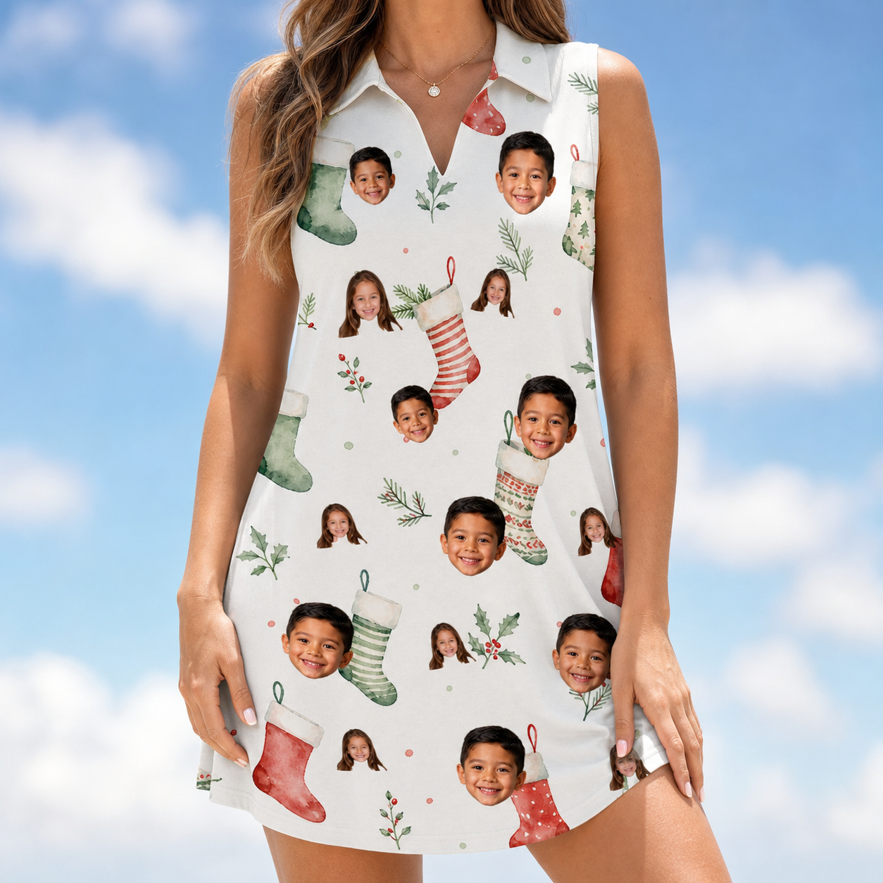 Model wearing Women's Hearth Hangers Custom Face V-Neck Dress printed with kids' faces