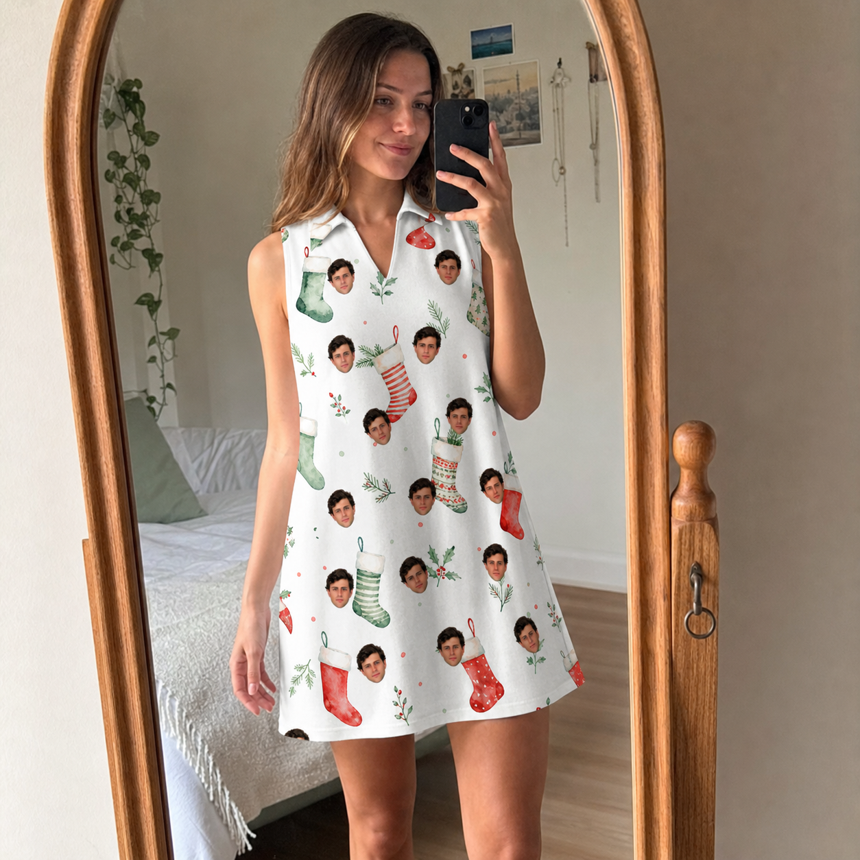 Real-life photo of someone wearing Women's Hearth Hangers Custom Face V-Neck Dress — custom faces printed all-over