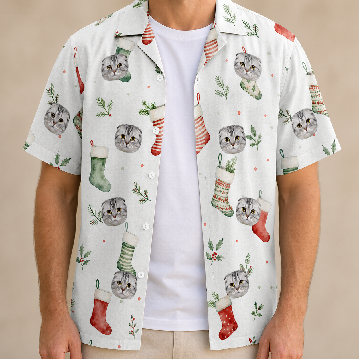 Man wearing Men's Hearth Hangers Custom Cat Face Hawaiian Shirt open over a white tee