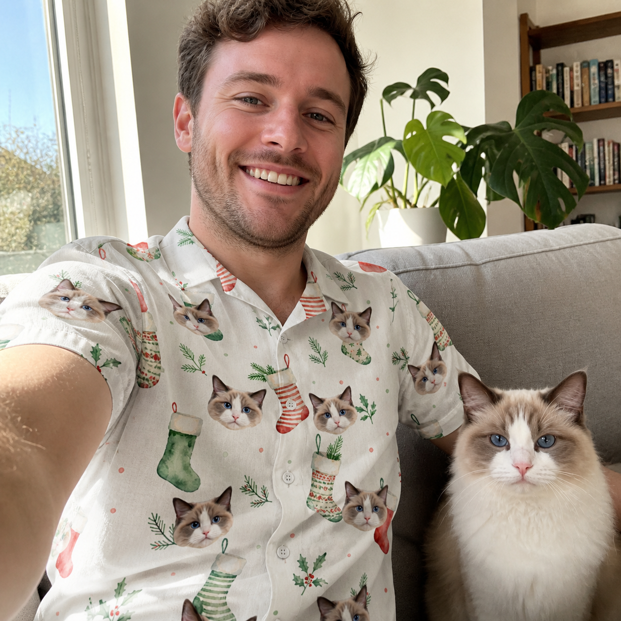 Selfie with the pet whose face is printed all over this Men's Hearth Hangers Custom Cat Face Hawaiian Shirt
