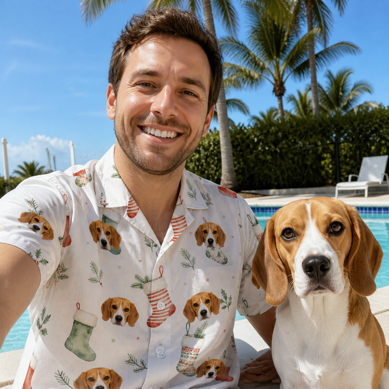 Selfie with the pet whose face is printed all over this Men's Hearth Hangers Custom Dog Face Hawaiian Shirt