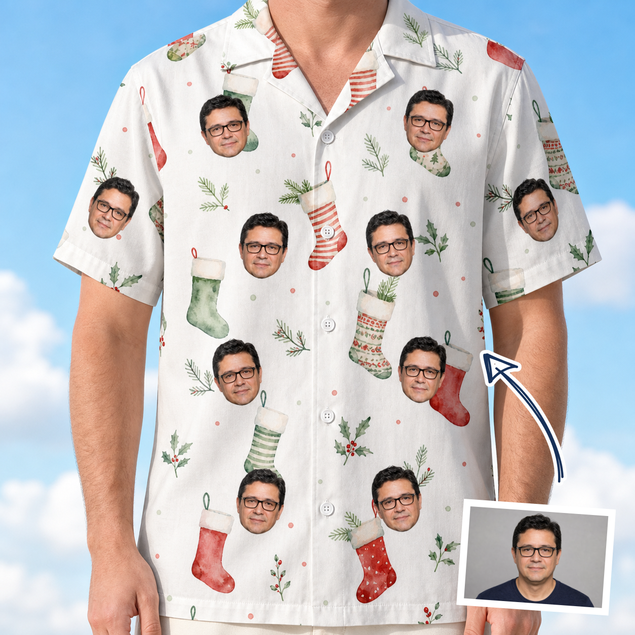 Man wearing Men's Hearth Hangers Custom Face Hawaiian Shirt — custom faces printed all-over