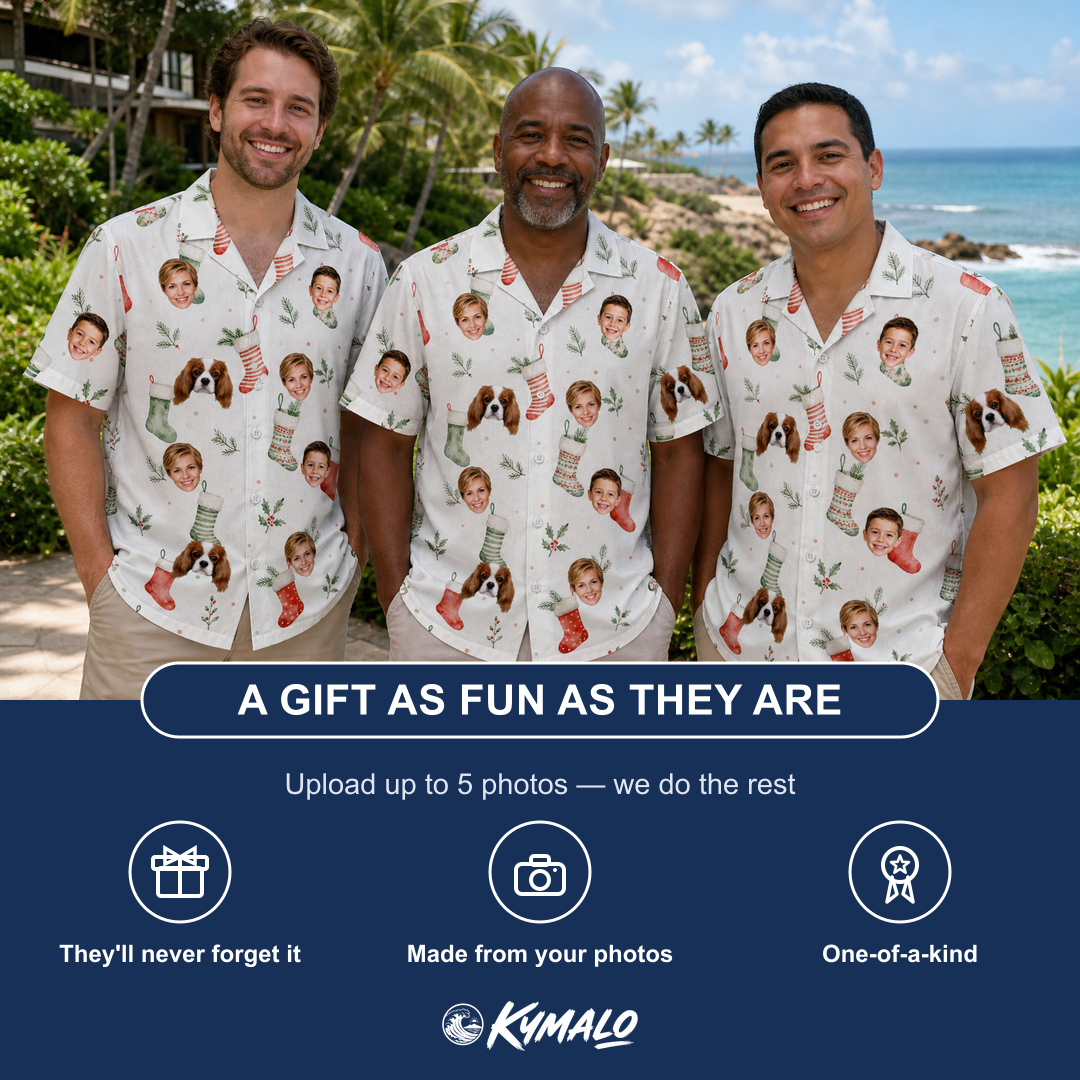 Friends in matching Men's Hearth Hangers Custom Face Hawaiian Shirt — a group gift photo