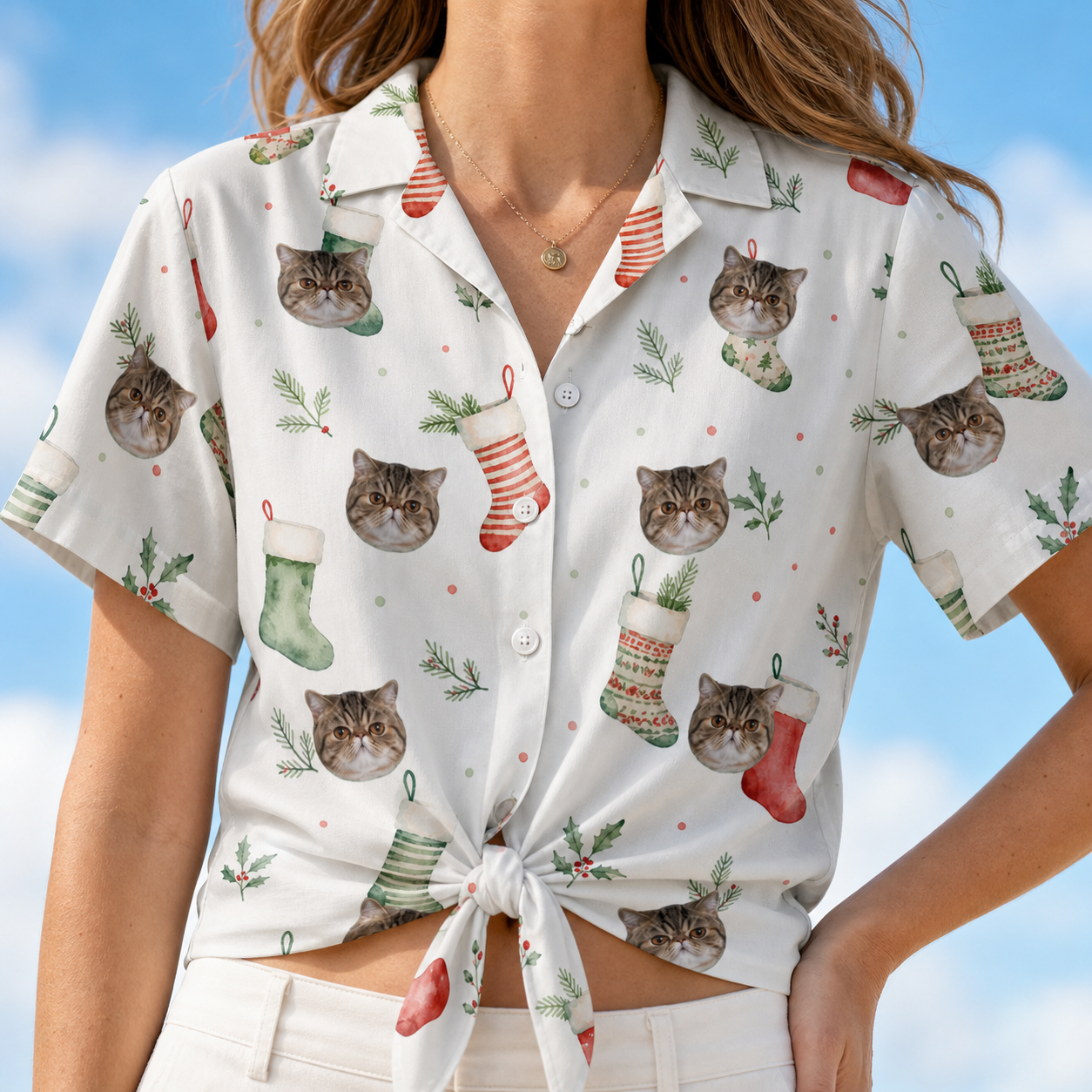 Woman wearing Women's Hearth Hangers Custom Cat Face Hawaiian Shirt tied at the waist