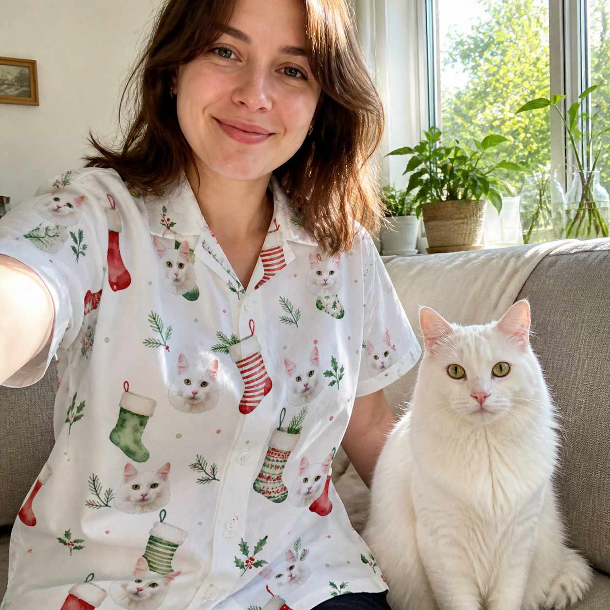 Selfie with the pet whose face is printed all over this Women's Hearth Hangers Custom Cat Face Hawaiian Shirt