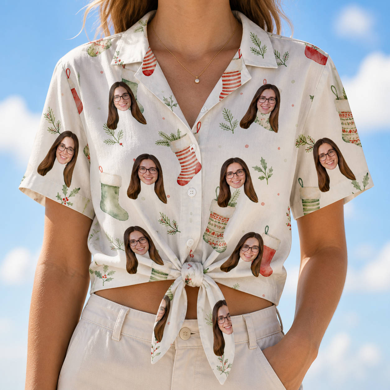 Woman wearing Women's Hearth Hangers Custom Face Hawaiian Shirt tied at the waist