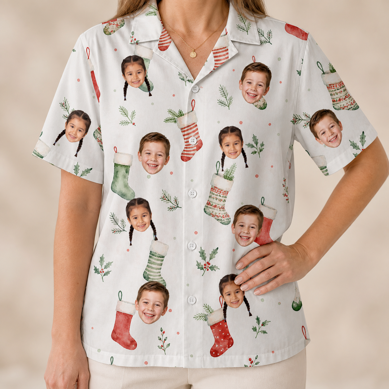Model wearing Women's Hearth Hangers Custom Face Hawaiian Shirt printed with kids' faces