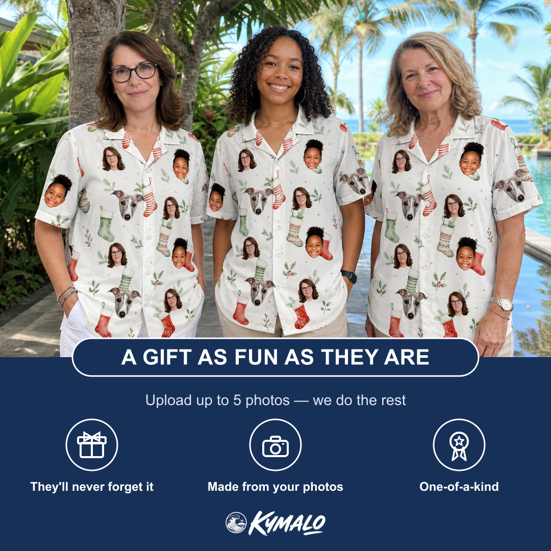 Friends in matching Women's Hearth Hangers Custom Face Hawaiian Shirt — a group gift photo