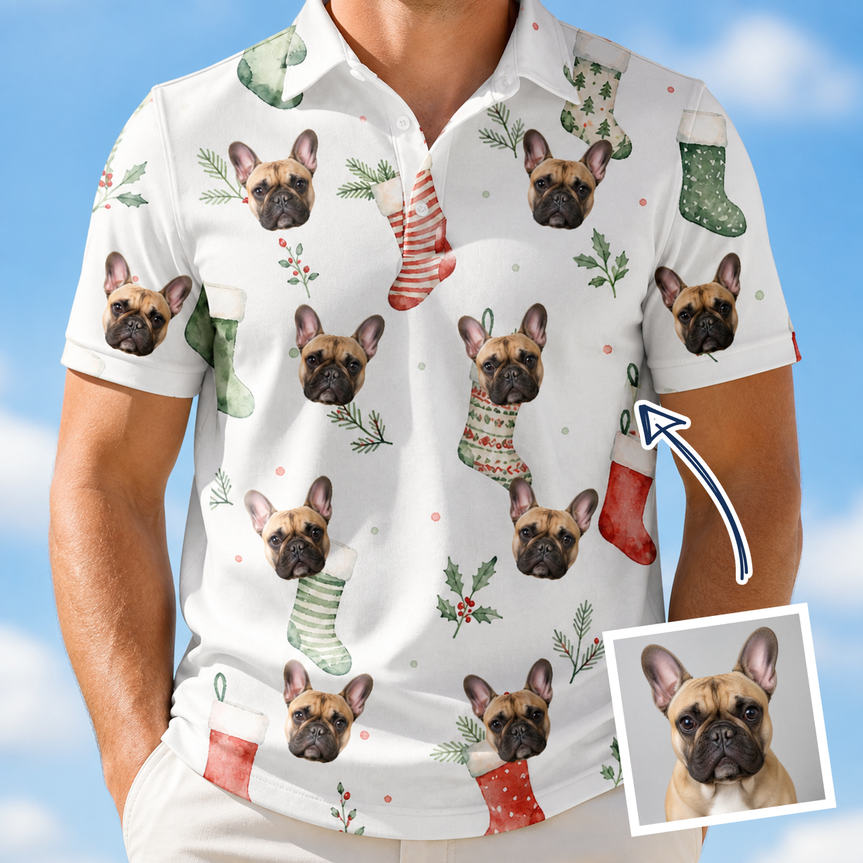 Man wearing Men's Hearth Hangers Custom Dog Face Polo Shirt — custom faces printed all-over