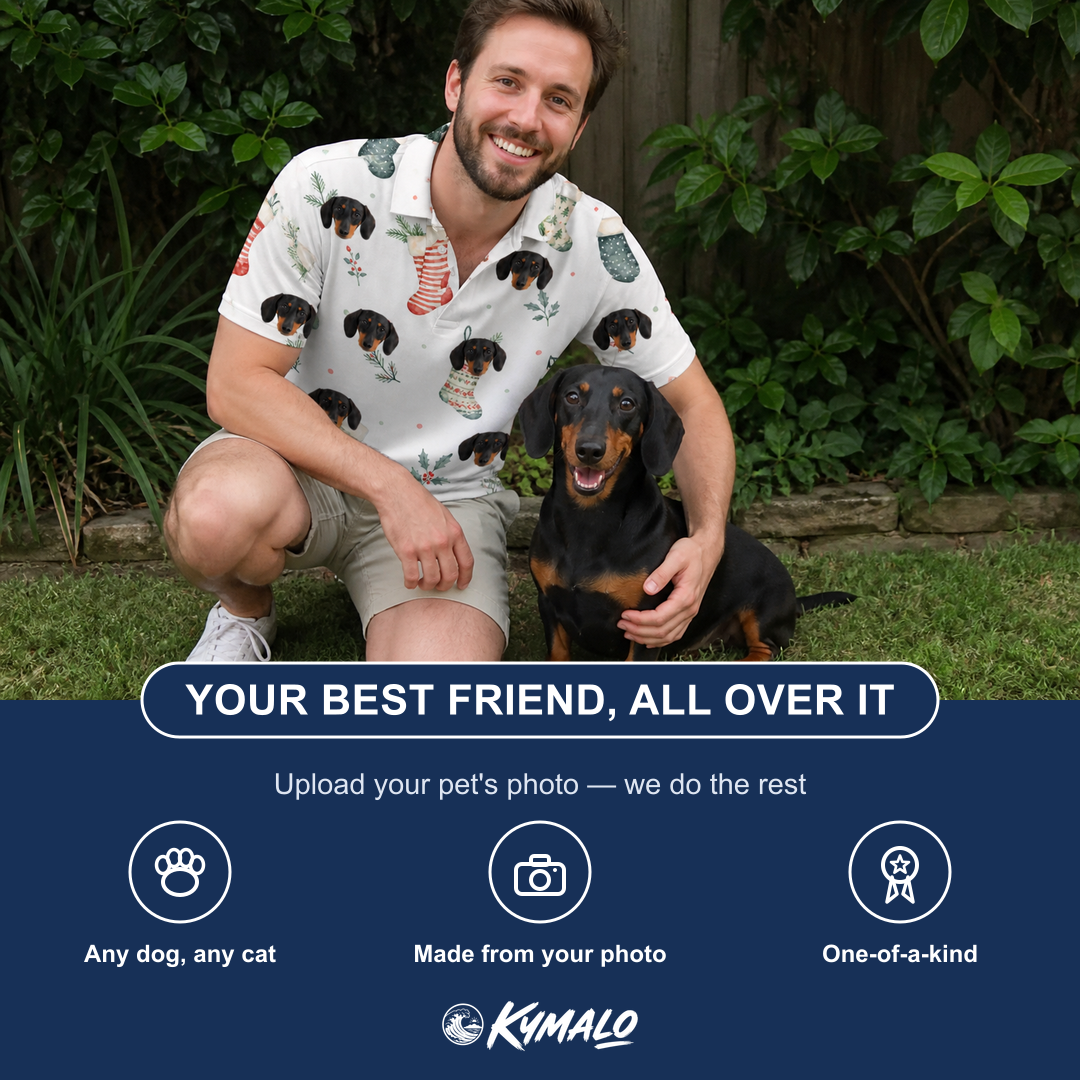 Friends in matching Men's Hearth Hangers Custom Dog Face Polo Shirt — a group gift photo