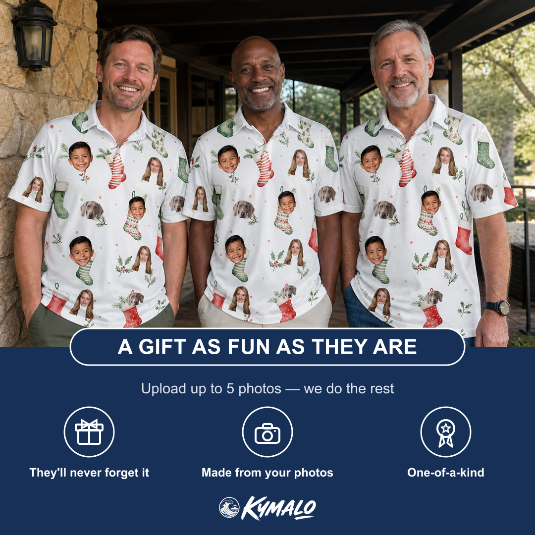 Friends in matching Men's Hearth Hangers Custom Face Polo Shirt — a group gift photo