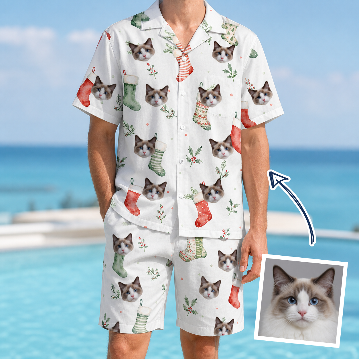 Man wearing Men's Hearth Hangers Custom Cat Face Shirt & Shorts Set — custom faces printed all-over
