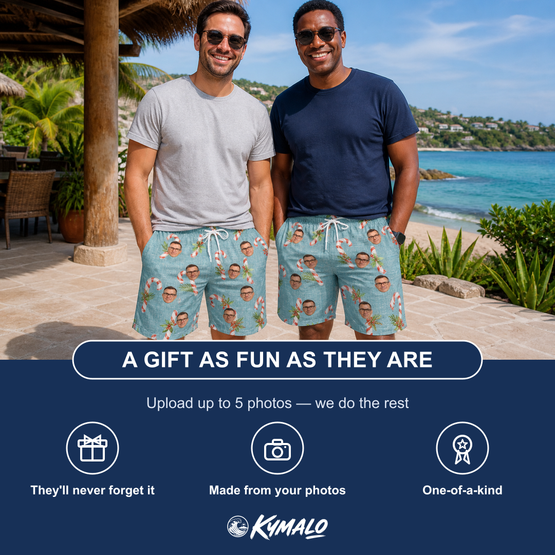 Friends in matching Men's Cane Carousel Custom Face Beach Shorts — a group gift photo
