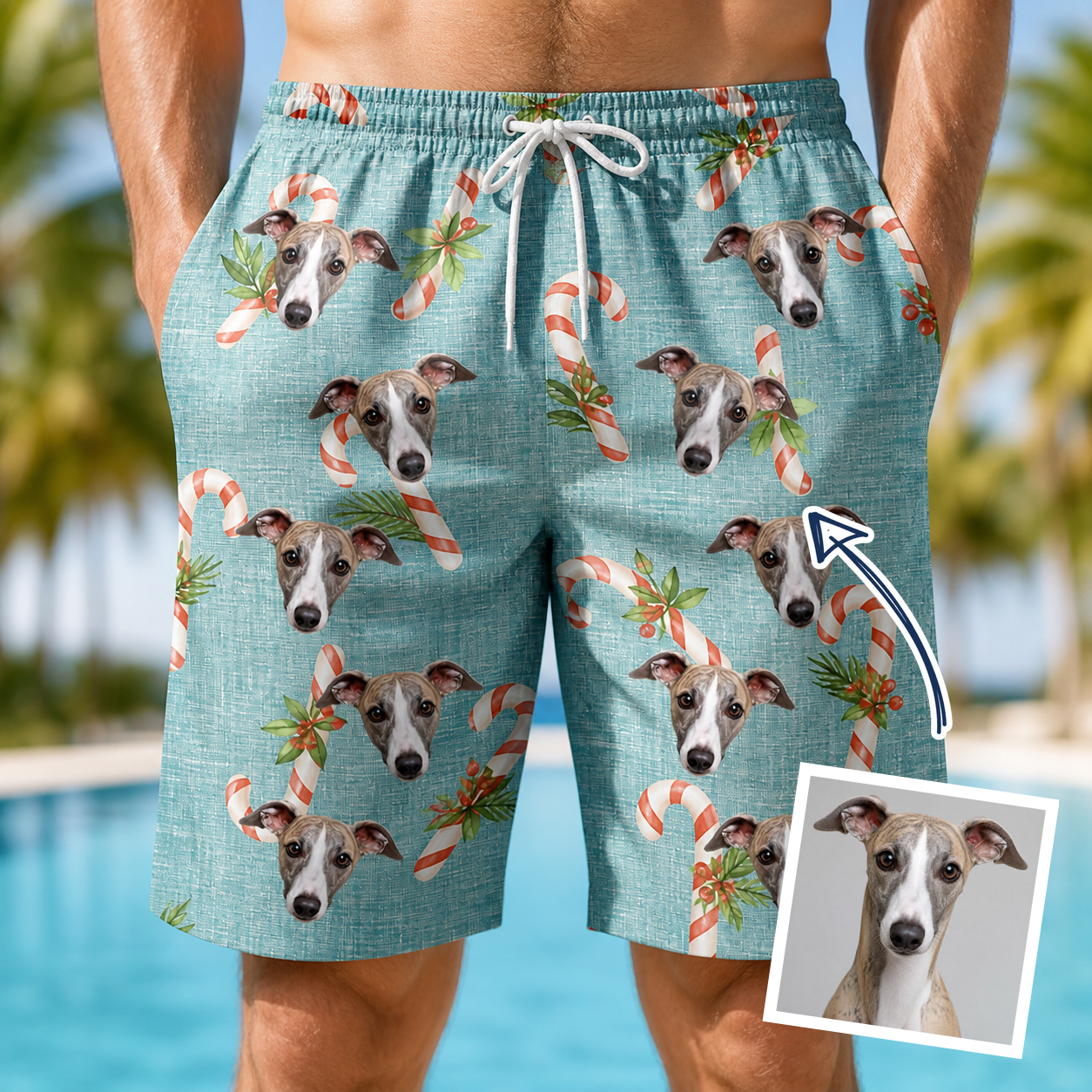 Man wearing Men's Cane Carousel Custom Dog Face Beach Shorts — custom faces printed all-over