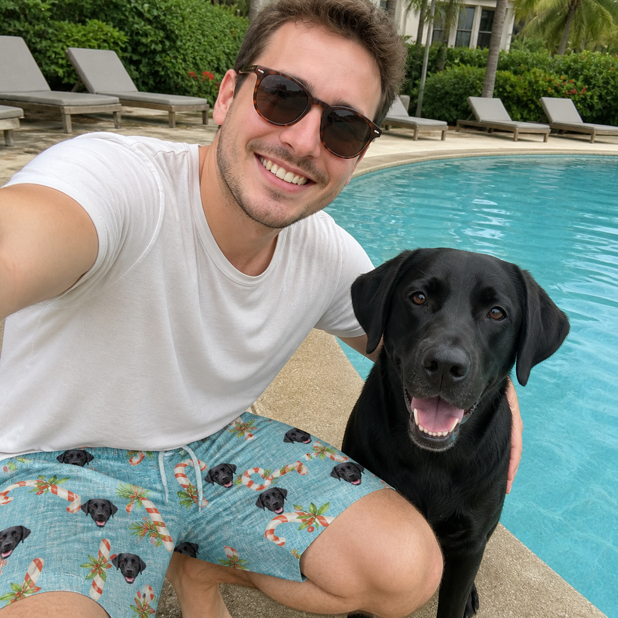 Selfie with the pet whose face is printed all over this Men's Cane Carousel Custom Dog Face Beach Shorts