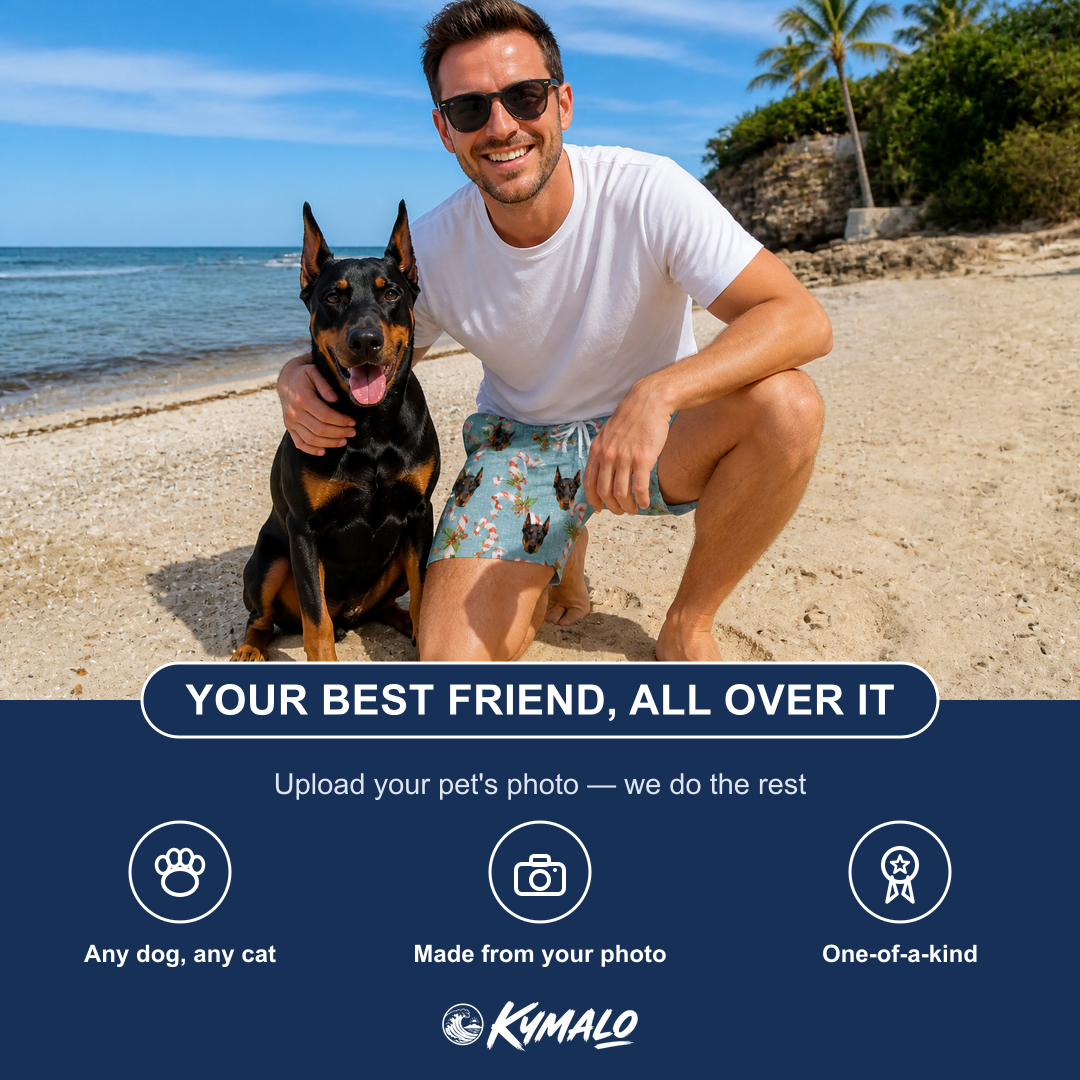 Friends in matching Men's Cane Carousel Custom Dog Face Beach Shorts — a group gift photo