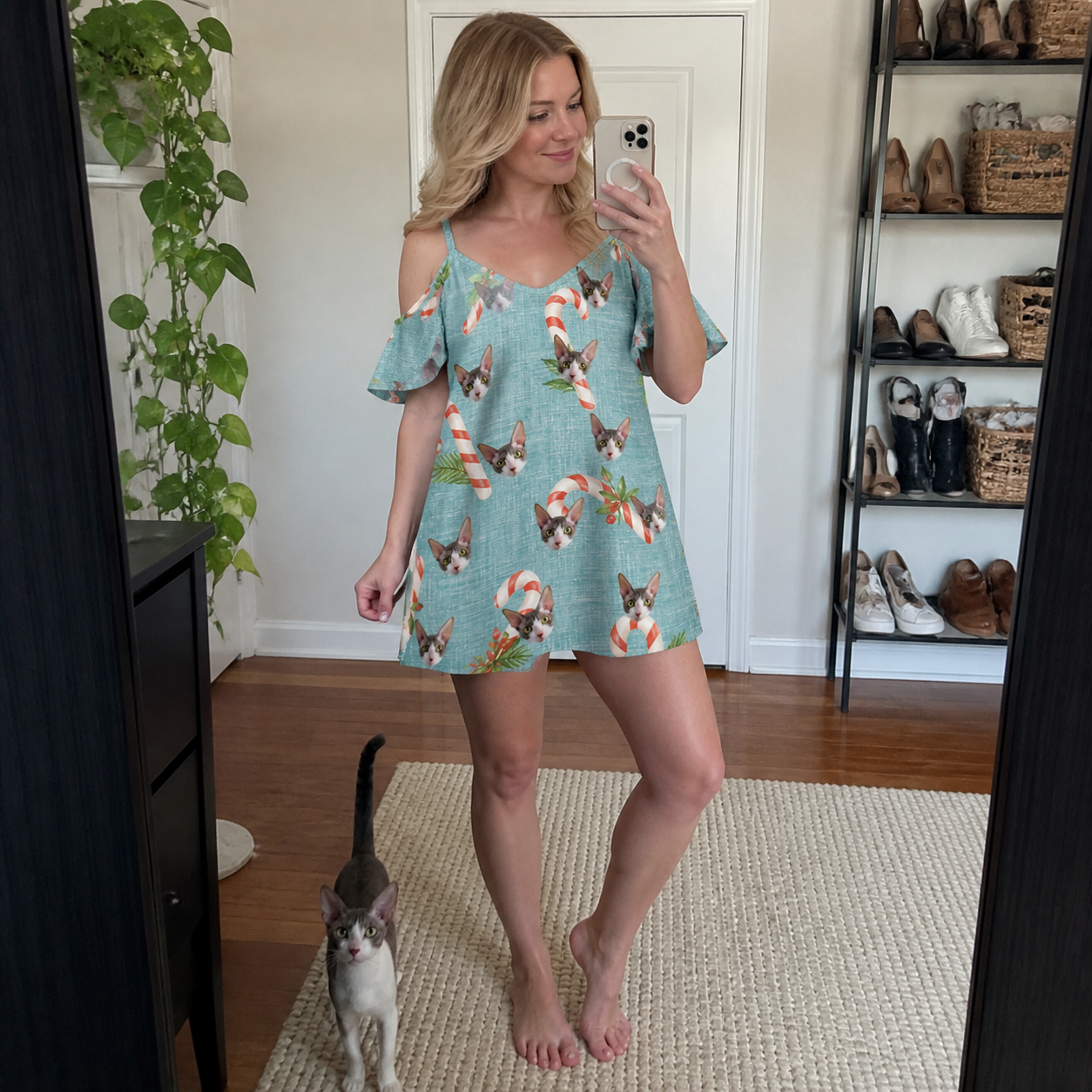 Full-length photo with the pet printed all over this Women's Cane Carousel Custom Cat Face Off-Shoulder Dress