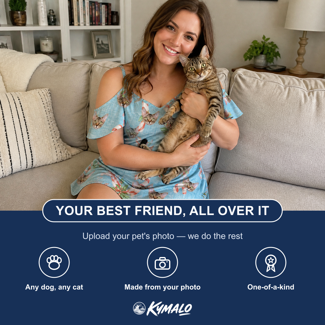 Friends in matching Women's Cane Carousel Custom Cat Face Off-Shoulder Dress — a group gift photo