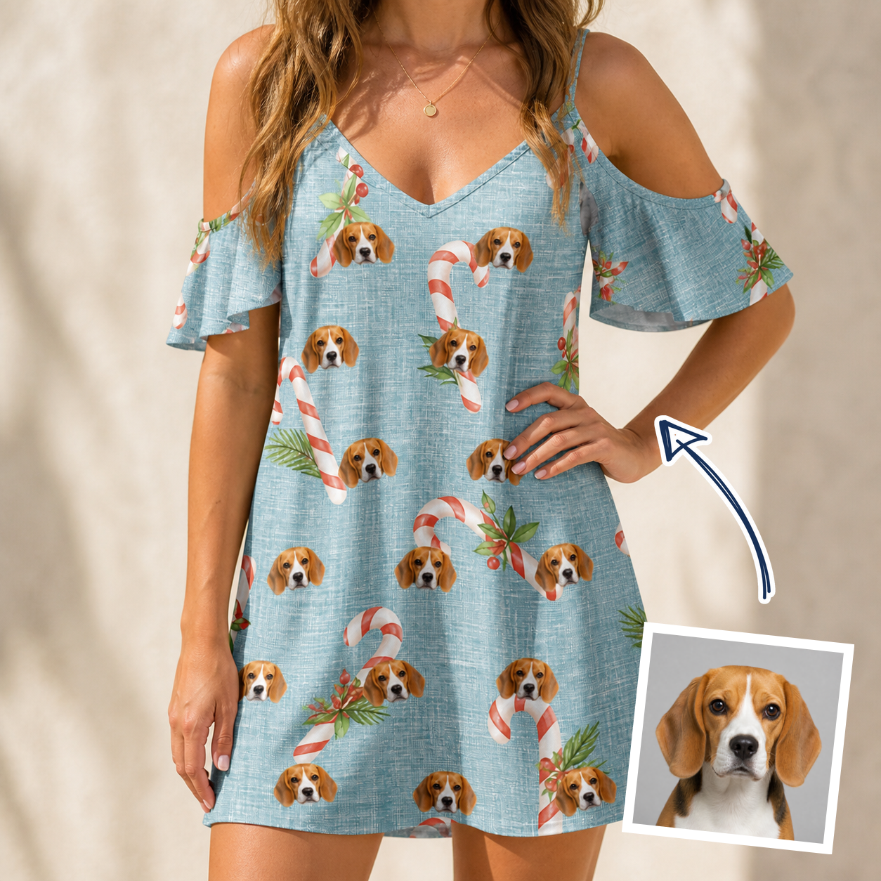 Woman wearing Women's Cane Carousel Custom Dog Face Off-Shoulder Dress — custom faces printed all-over