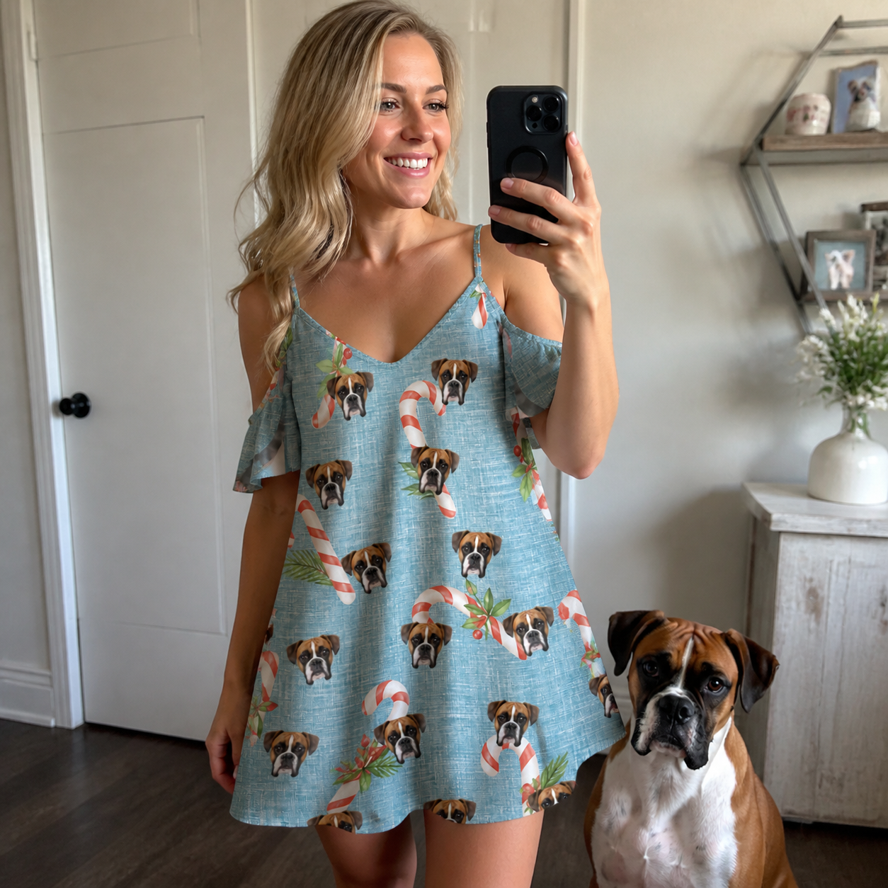 Selfie with the pet whose face is printed all over this Women's Cane Carousel Custom Dog Face Off-Shoulder Dress