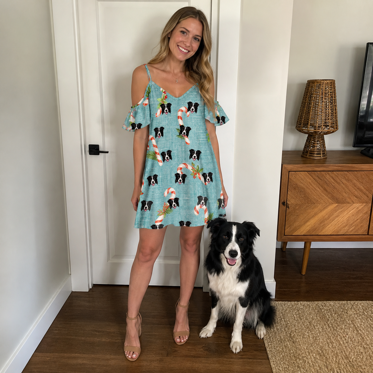 Full-length photo with the pet printed all over this Women's Cane Carousel Custom Dog Face Off-Shoulder Dress