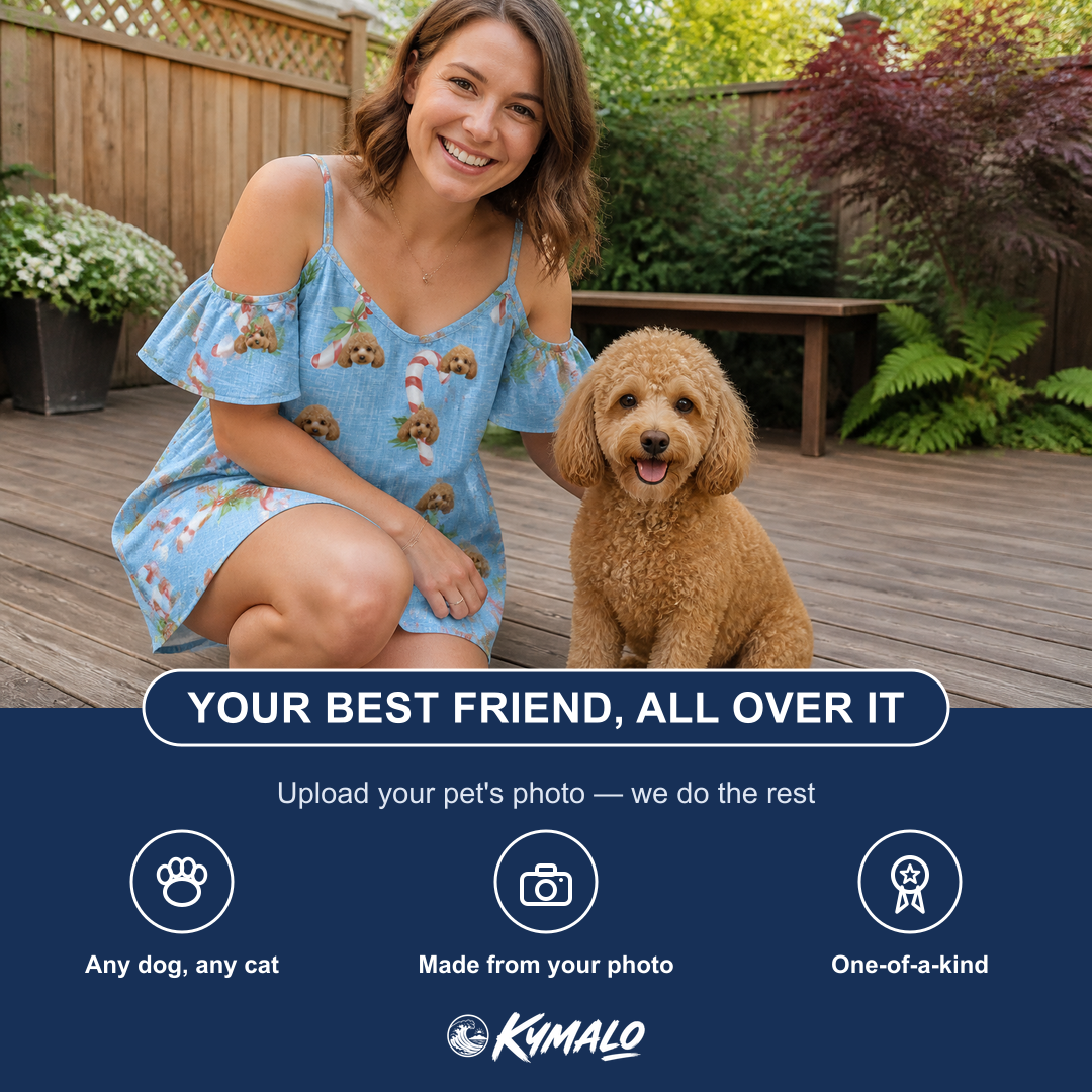 Friends in matching Women's Cane Carousel Custom Dog Face Off-Shoulder Dress — a group gift photo