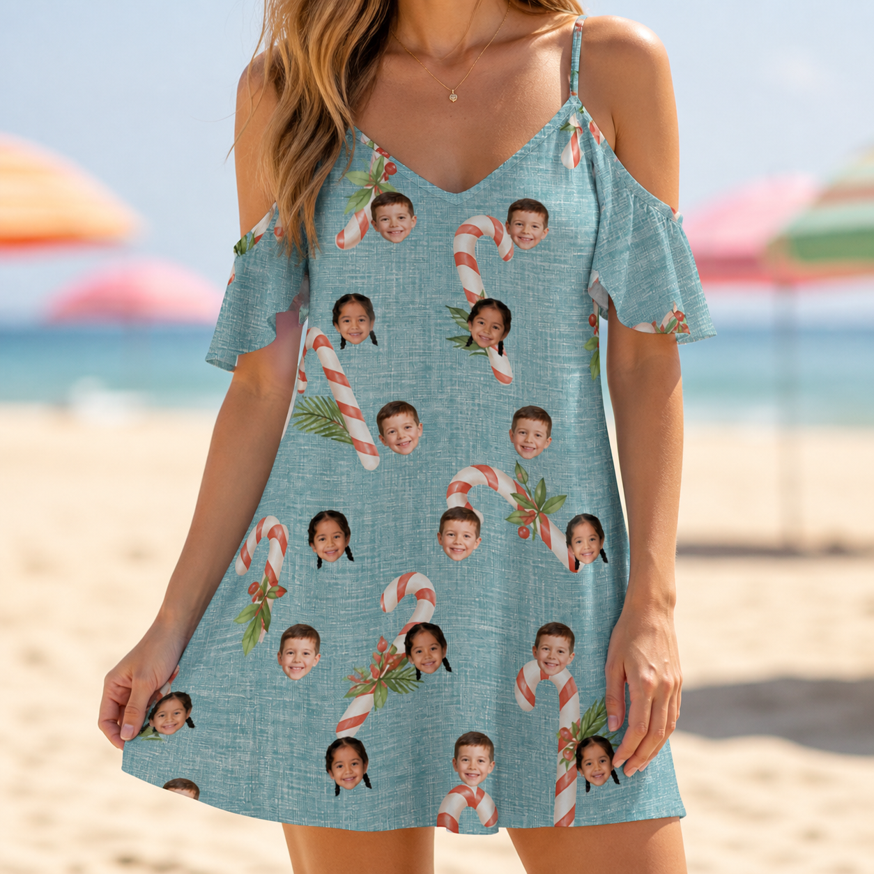 Model wearing Women's Cane Carousel Custom Face Off-Shoulder Dress printed with kids' faces