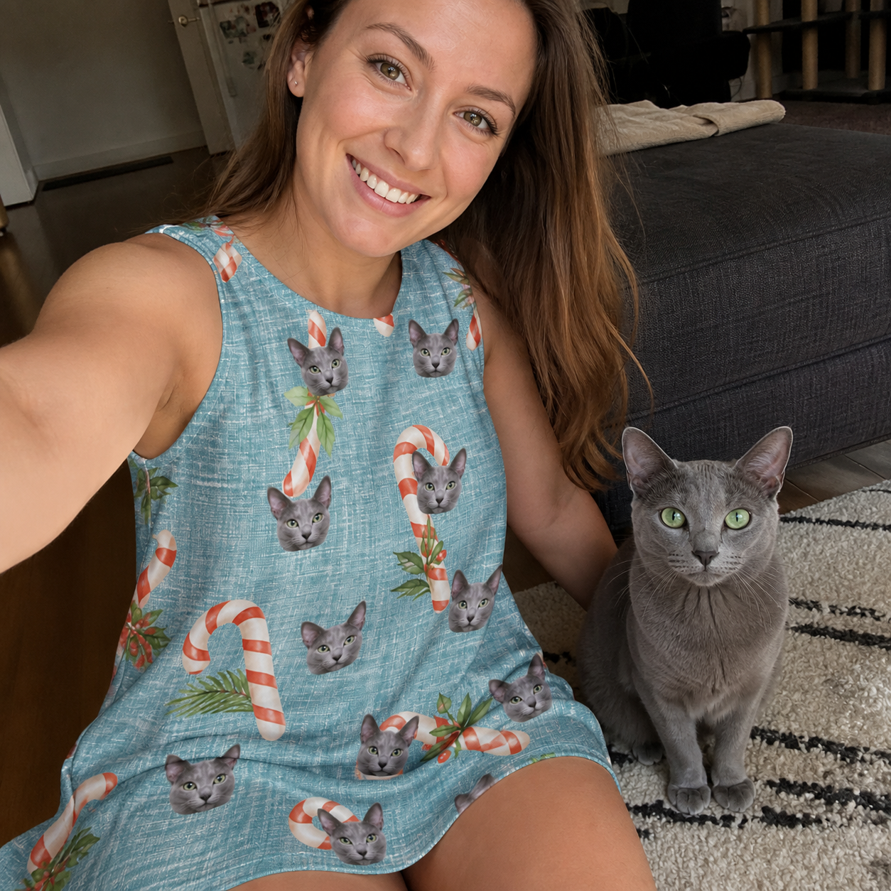 Selfie with the pet whose face is printed all over this Women's Cane Carousel Custom Cat Face Tank Dress