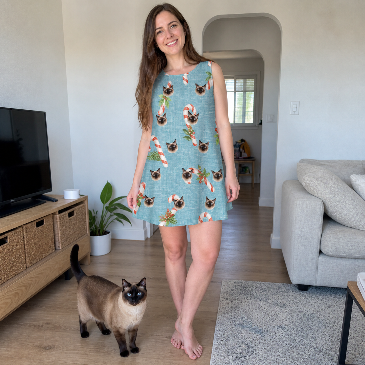 Full-length photo with the pet printed all over this Women's Cane Carousel Custom Cat Face Tank Dress