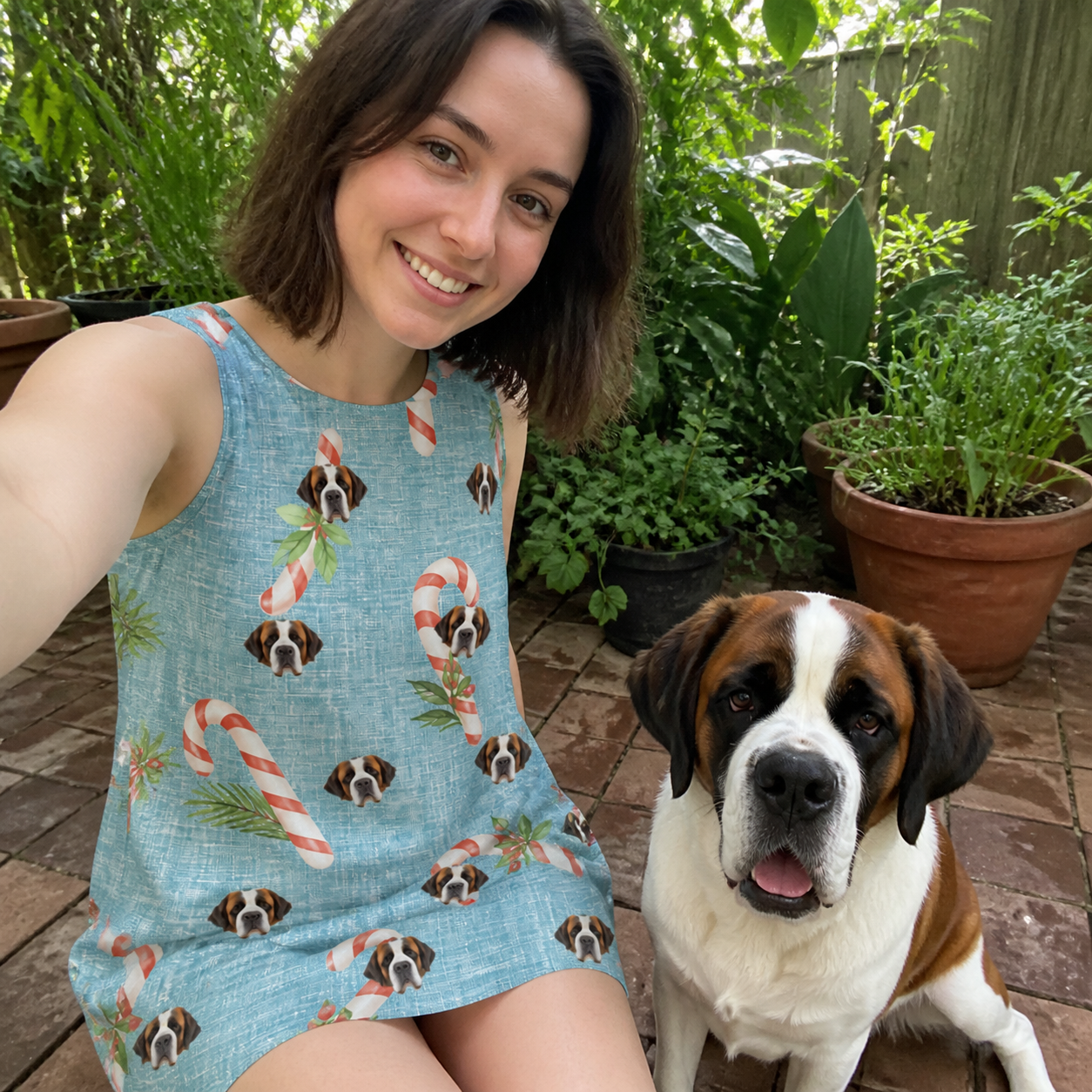 Selfie with the pet whose face is printed all over this Women's Cane Carousel Custom Dog Face Tank Dress