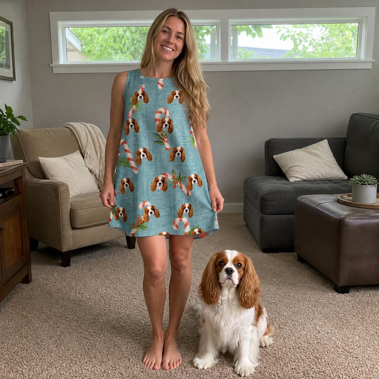 Full-length photo with the pet printed all over this Women's Cane Carousel Custom Dog Face Tank Dress