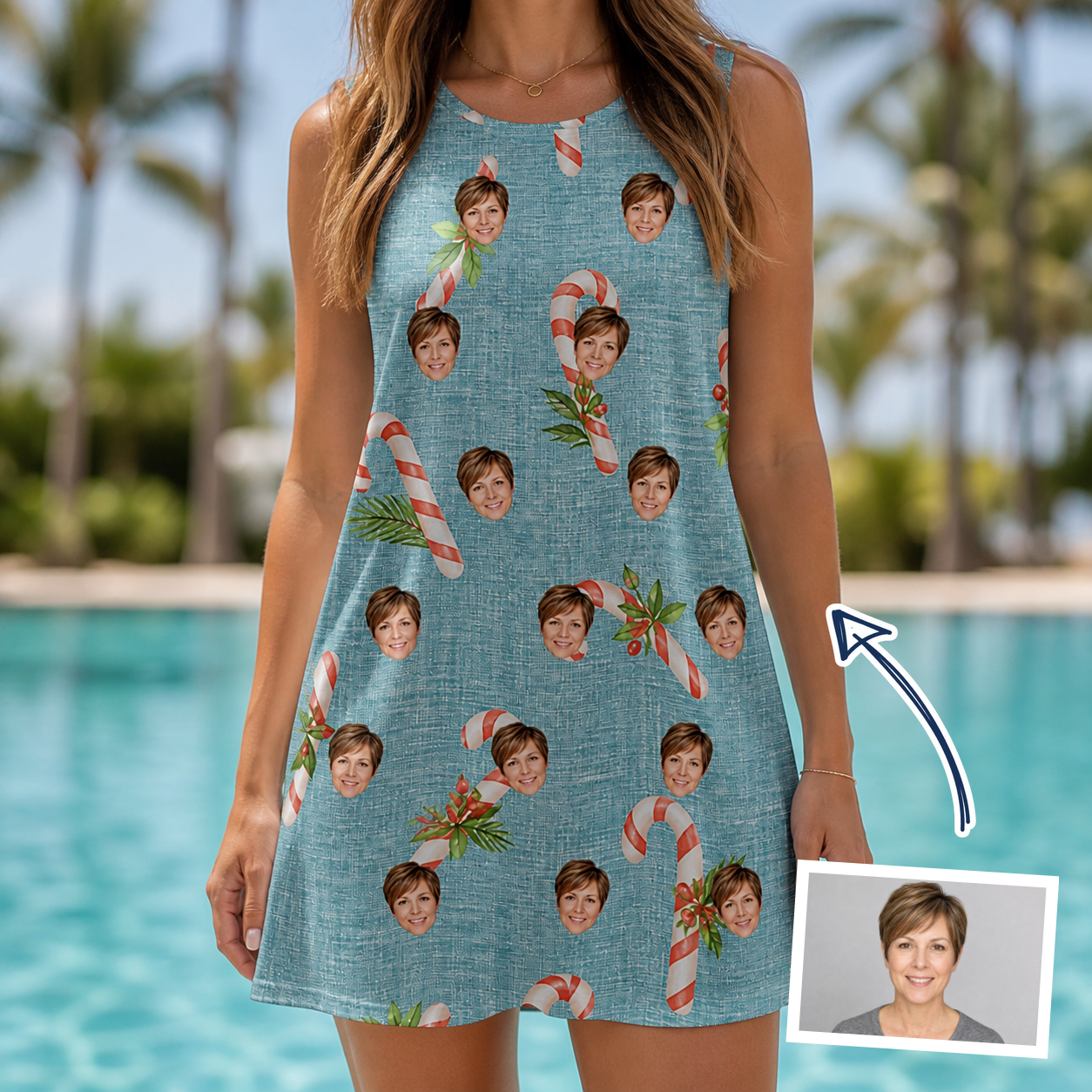 Woman wearing Women's Cane Carousel Custom Face Tank Dress — custom faces printed all-over