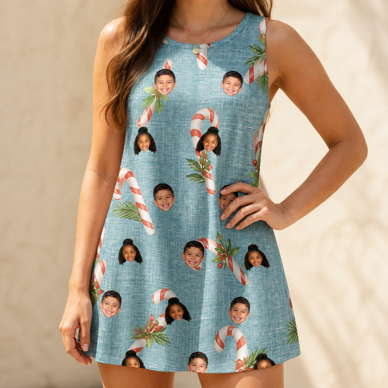 Model wearing Women's Cane Carousel Custom Face Tank Dress printed with kids' faces