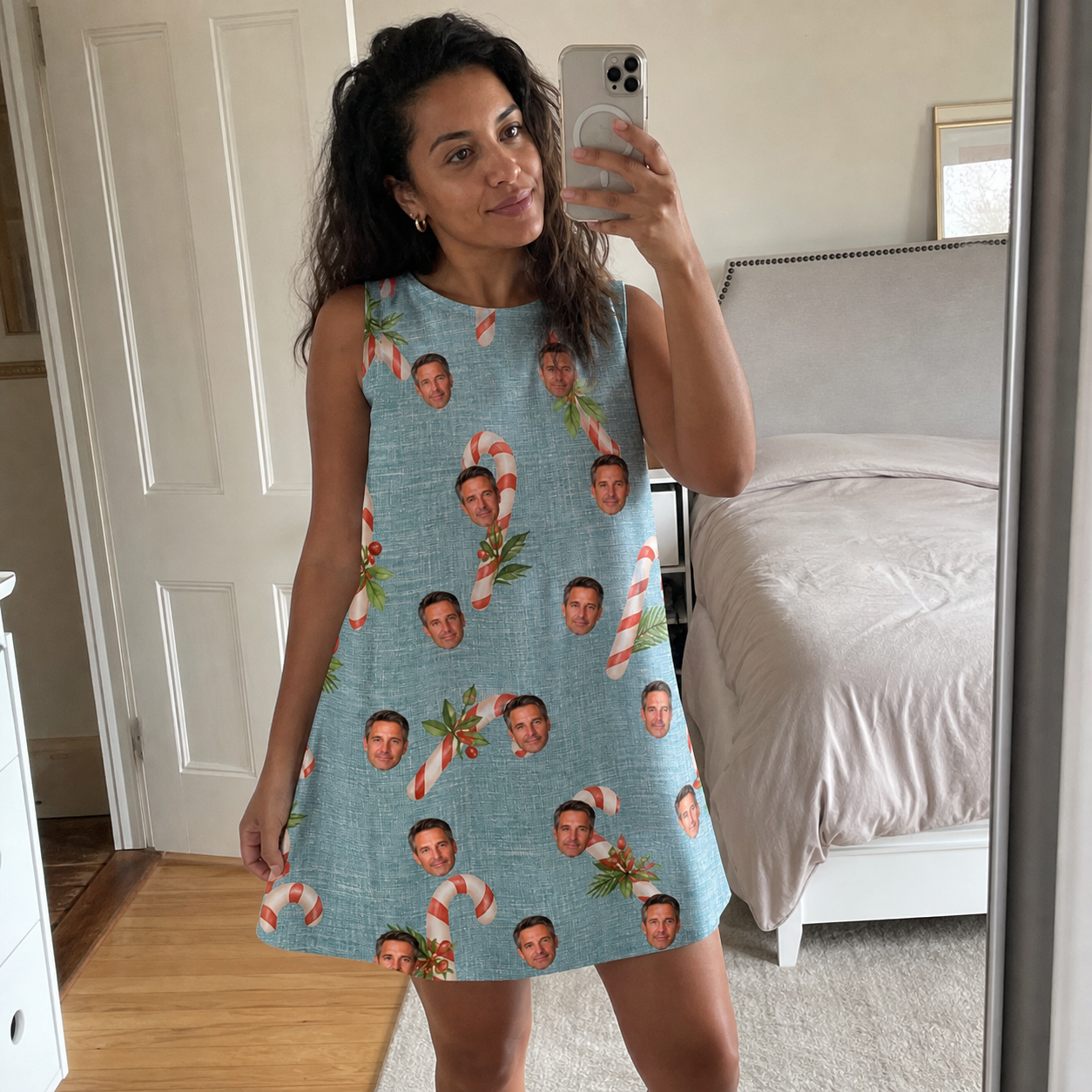 Real-life photo of someone wearing Women's Cane Carousel Custom Face Tank Dress — custom faces printed all-over
