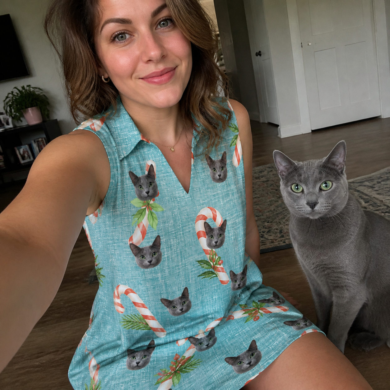 Selfie with the pet whose face is printed all over this Women's Cane Carousel Custom Cat Face V-Neck Dress