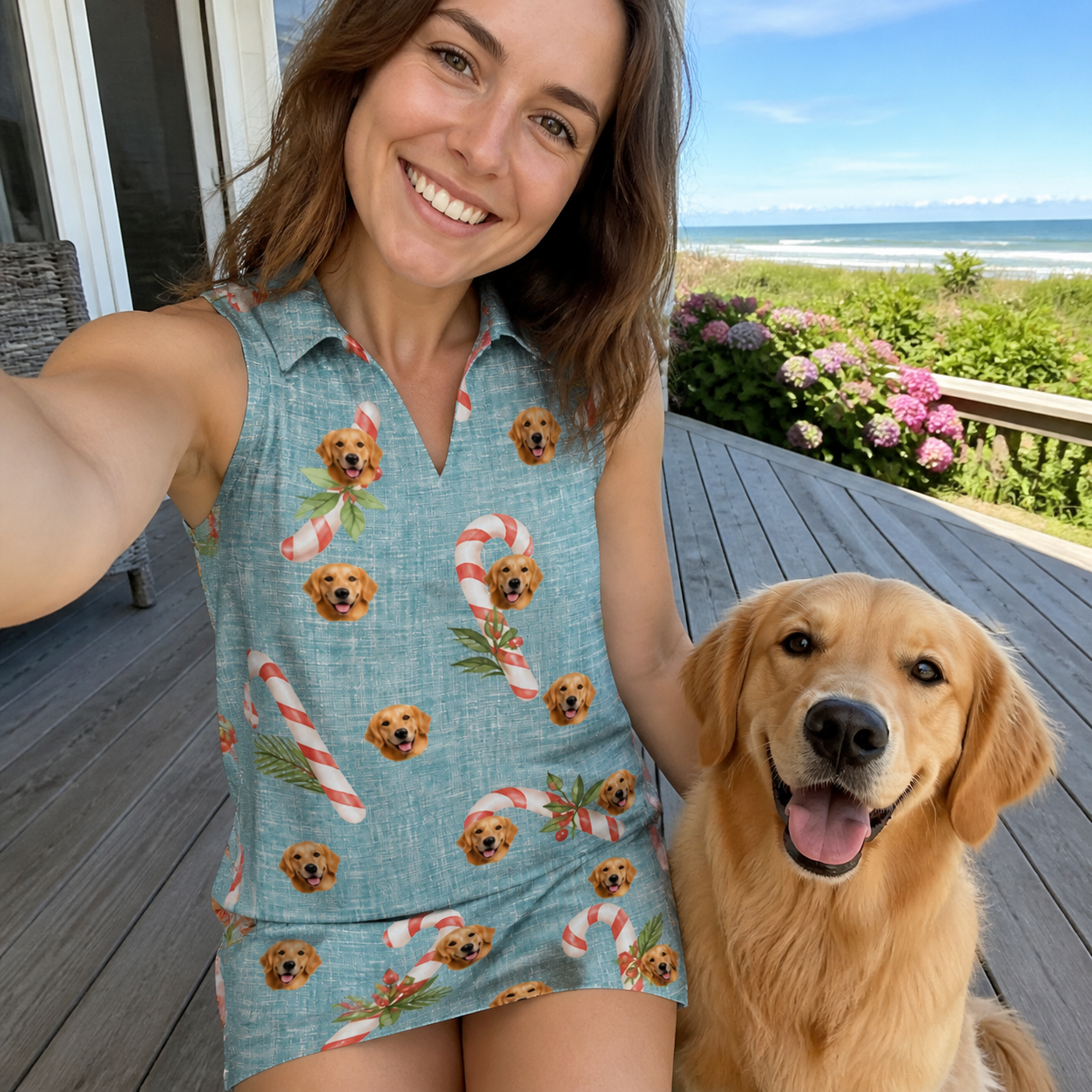 Selfie with the pet whose face is printed all over this Women's Cane Carousel Custom Dog Face V-Neck Dress