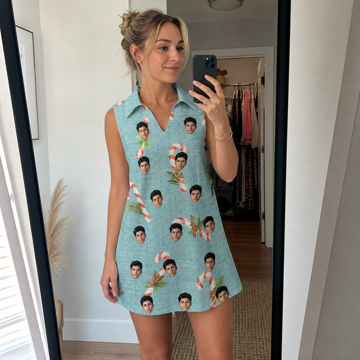 Real-life photo of someone wearing Women's Cane Carousel Custom Face V-Neck Dress — custom faces printed all-over