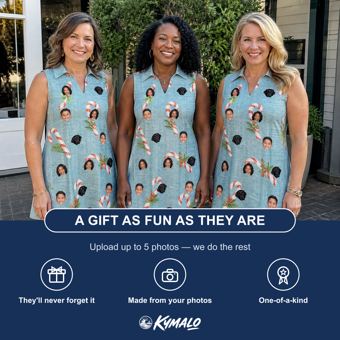 Friends in matching Women's Cane Carousel Custom Face V-Neck Dress — a group gift photo