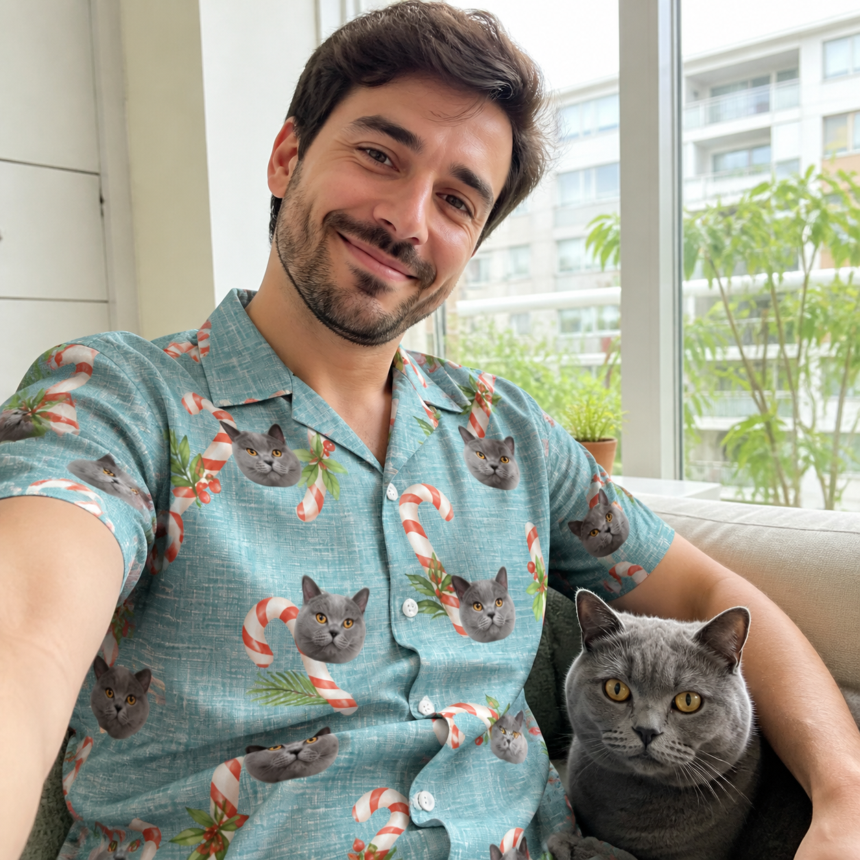 Selfie with the pet whose face is printed all over this Men's Cane Carousel Custom Cat Face Hawaiian Shirt