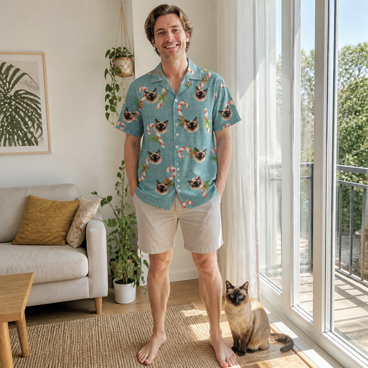 Full-length photo with the pet printed all over this Men's Cane Carousel Custom Cat Face Hawaiian Shirt