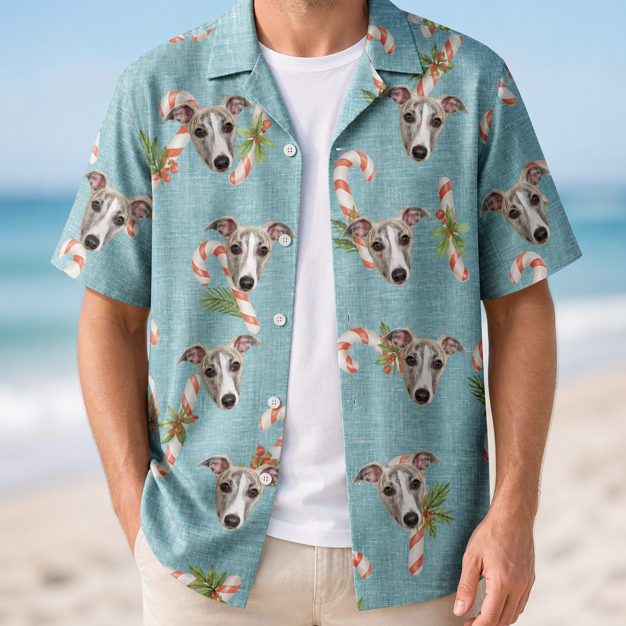 Man wearing Men's Cane Carousel Custom Dog Face Hawaiian Shirt open over a white tee