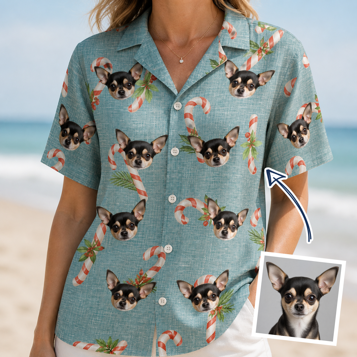 Woman wearing Women's Cane Carousel Custom Dog Face Hawaiian Shirt — custom faces printed all-over