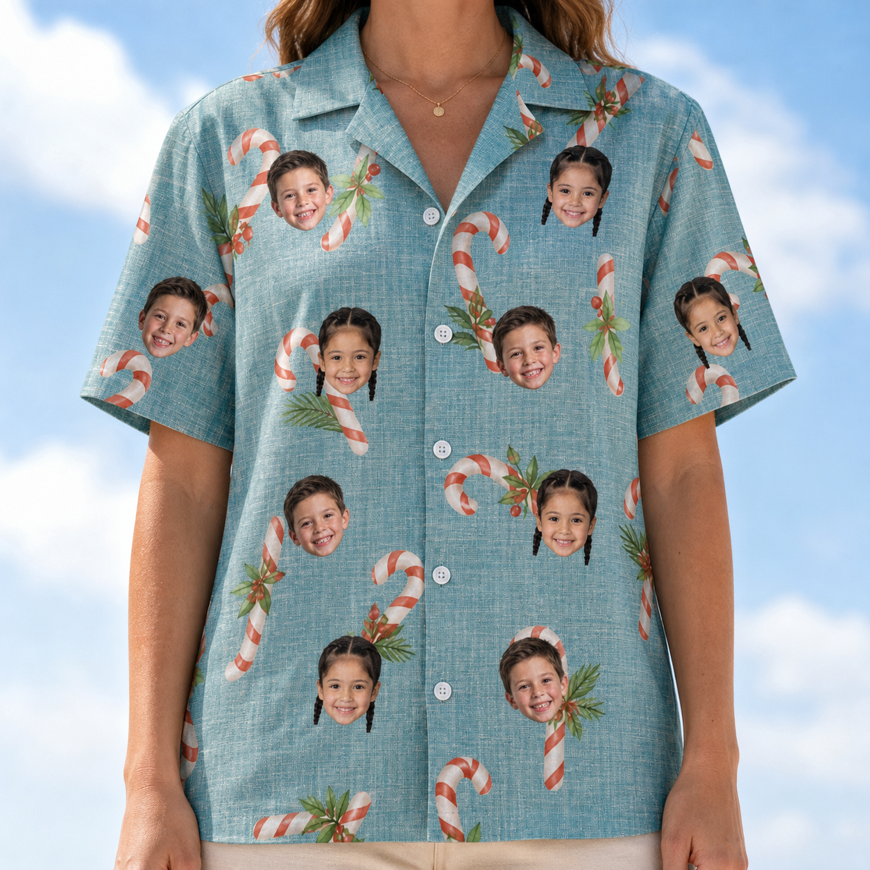 Model wearing Women's Cane Carousel Custom Face Hawaiian Shirt printed with kids' faces