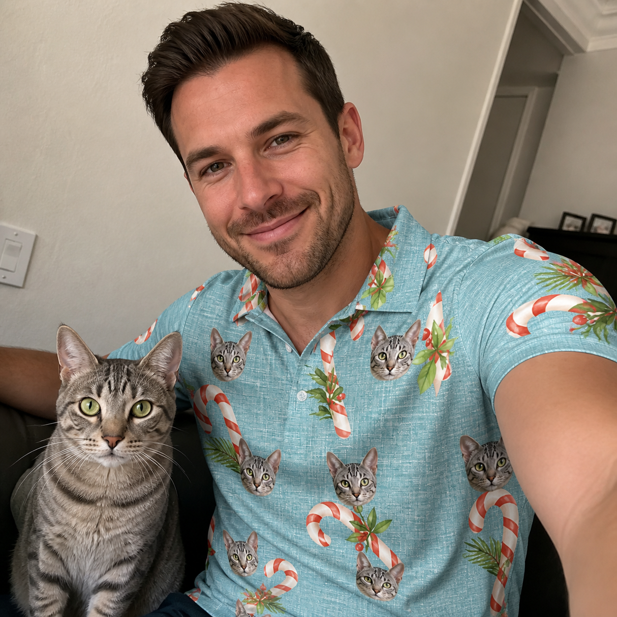 Selfie with the pet whose face is printed all over this Men's Cane Carousel Custom Cat Face Polo Shirt