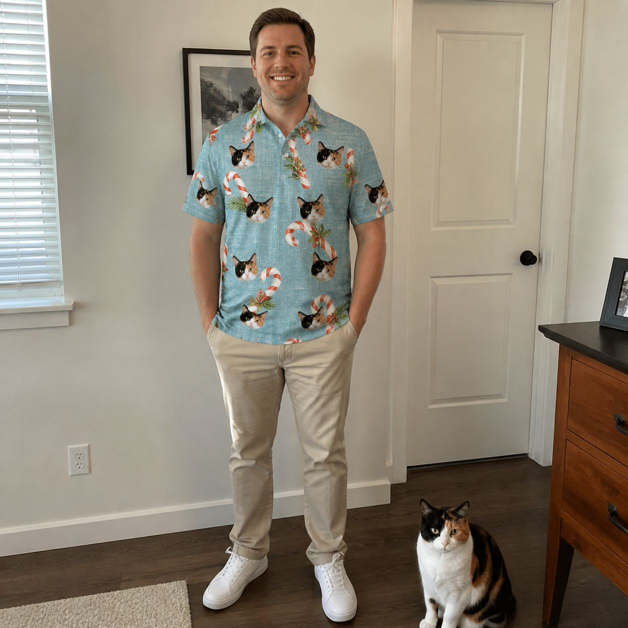 Full-length photo with the pet printed all over this Men's Cane Carousel Custom Cat Face Polo Shirt