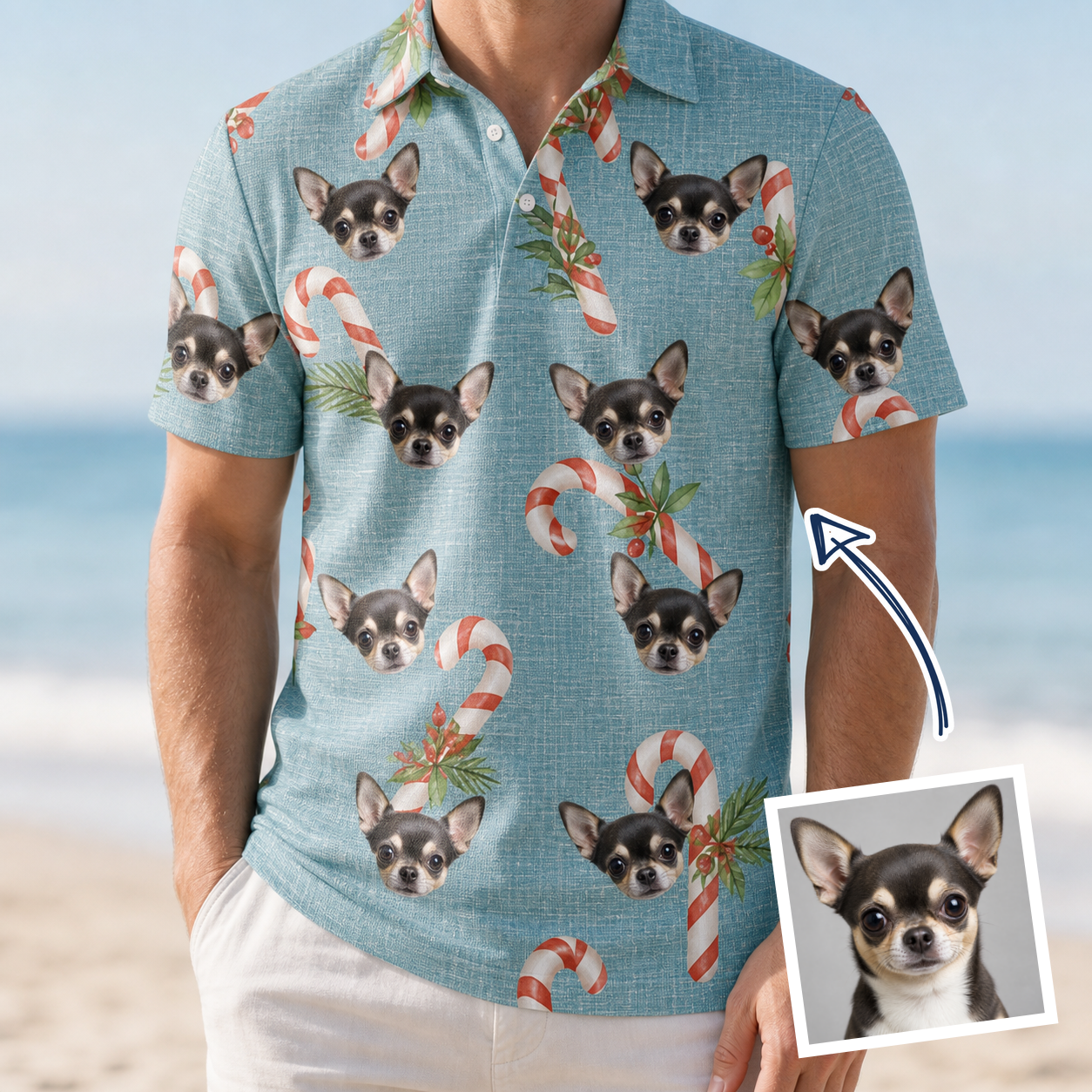 Man wearing Men's Cane Carousel Custom Dog Face Polo Shirt — custom faces printed all-over