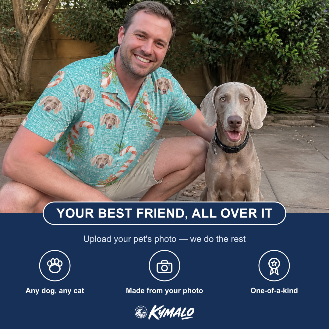 Friends in matching Men's Cane Carousel Custom Dog Face Polo Shirt — a group gift photo