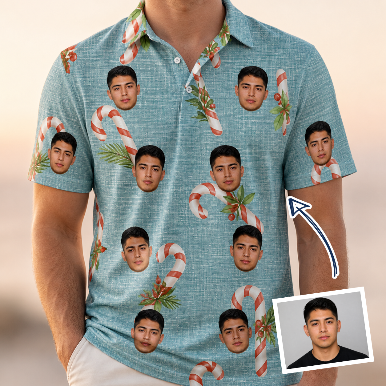 Man wearing Men's Cane Carousel Custom Face Polo Shirt — custom faces printed all-over